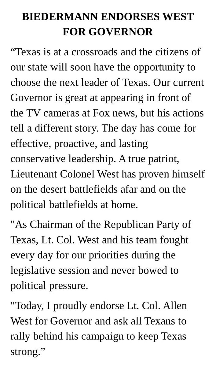 KyleBiedermann's tweet photo. Today, I proudly endorse @AllenWest for Governor. Read my full statement below. #txlege https://t.co/KqLlp5hWyj