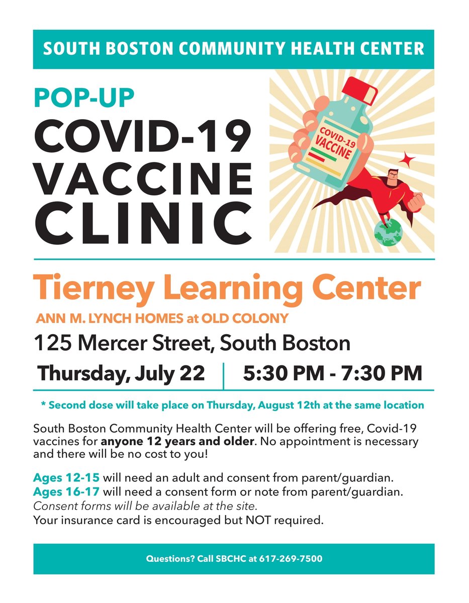 EdforBoston's tweet photo. TY @SBHealthCenter for providing a pop-up COVID-19 Vaccine Clinic @TierneyCenter (125 Mercer St) in #Southie this Thursday, July 22nd from 5:30pm to 7:30pm. Vaccine is available for ages 12+ w/ parental consent. Let's continue to keep our city &amp; country moving forward. #bospoli https://t.co/Azq2QbMI7V