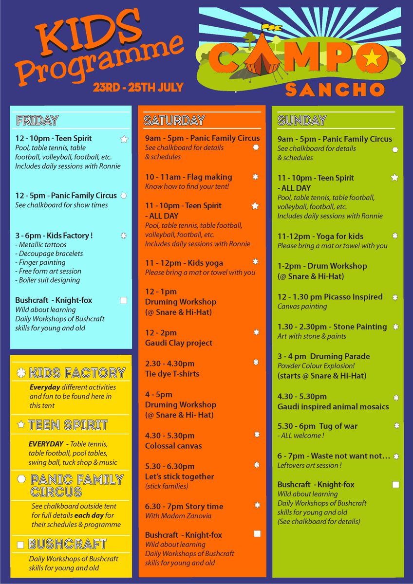 campo_sancho's tweet photo. There's a packed programme this year and for all ages…check it out! 🎪🌳🌲🍃

Panic Family Circus, Bushcrafts, Teen Spirit clubhouse, Village Hall, Crafty Kids Factory, Solar Power Vinyl Café &amp; more 🎪🌳🌲🍃

Don't forget your tickets https://t.co/Ace820oyKv 
Xx
🎪🌳🌲🍃 https://t.co/WQMnoX7QSm