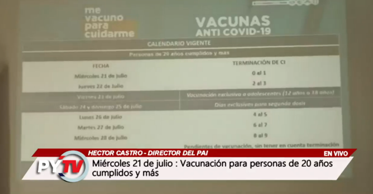 Plan Nacional de Vacunación: Miércoles 21 de julio: vacunación para personas de 20 años cumplidos y más.