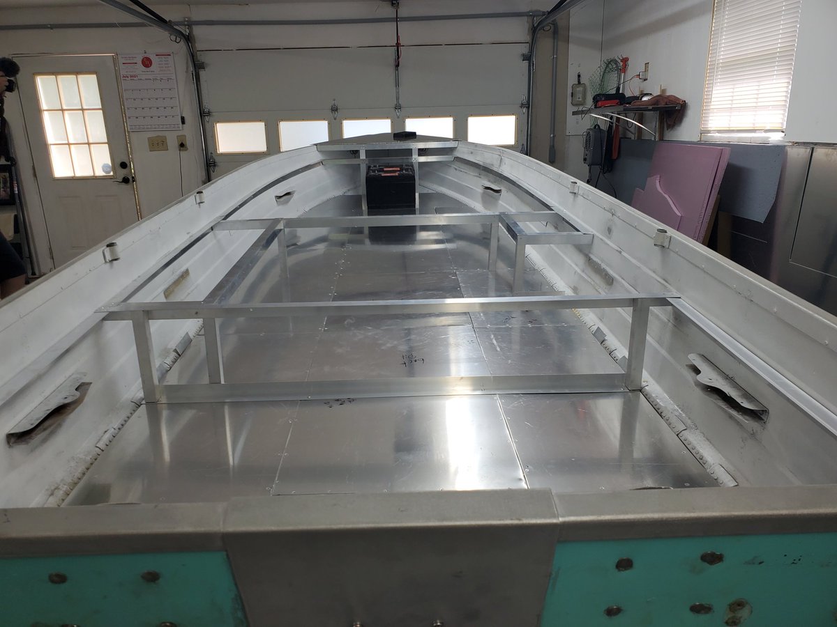 SlaunchOutdoors's tweet photo. Tiffany is coming along great. Got the subfloor complete and started on the framing for the decks. Stay tuned for more as well as upcoming videos on YouTube #youtube #jonboat #tinyboat #builtnotbought https://t.co/CYO6wkZHtC