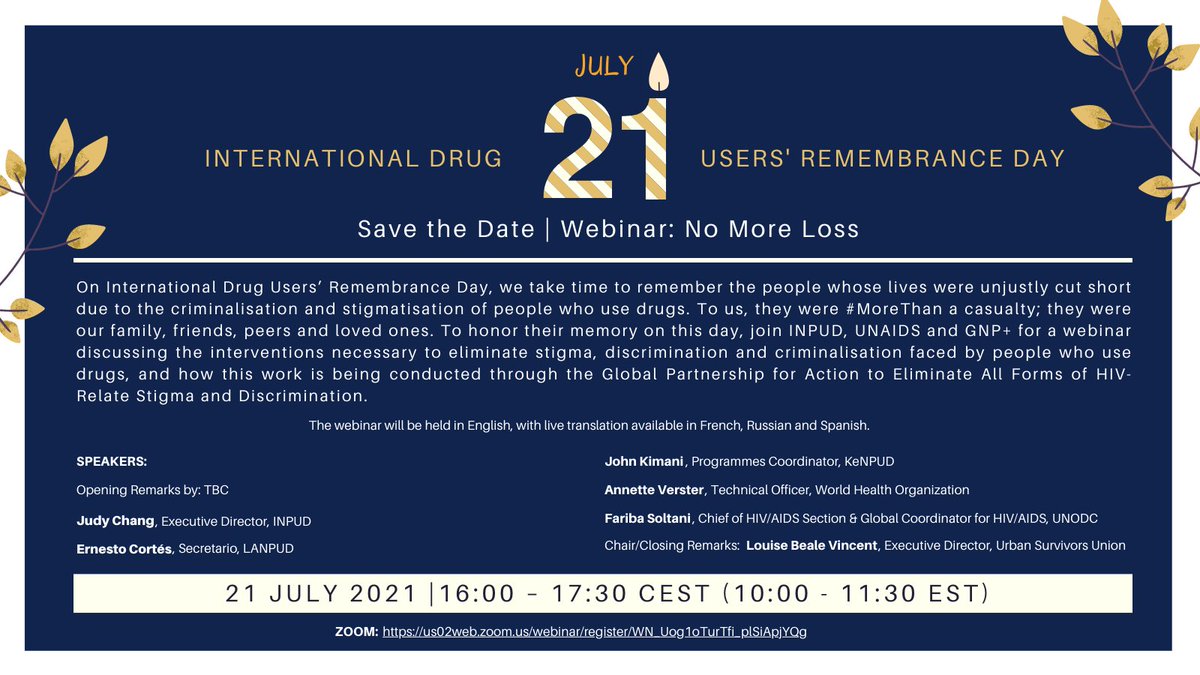 Join UNAIDS, @gnpplus & @INPUDIntl on Int'l Drug Users’ Remembrance Day to find out how to end the stigma, discrimination & criminalization perpetuating the #WarOnDrugs, & what's being done through the #GlobalPartnership. 🗓️ 21 July 🕓 16h CET | 10 EST 🔗 bit.ly/2UKTP8V