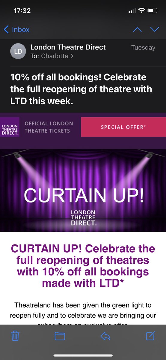 drewlots2004's tweet photo. @theatre_direct I received a 10% off I tried to book today it’s not working, has it been removed ? https://t.co/jmpH5LVAPa