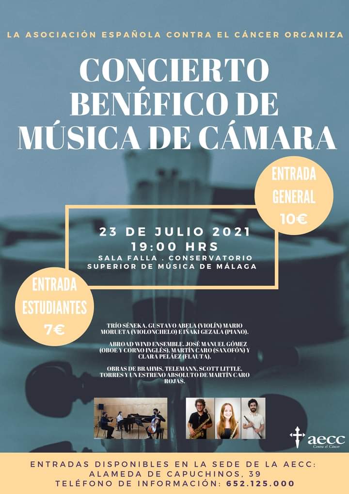 El 23/07 concierto benéfico de música de cámara a favor de @aecc_es #Malaga 
Entradas disponibles en el 952-256195.
#ContigoDamoslaCara
