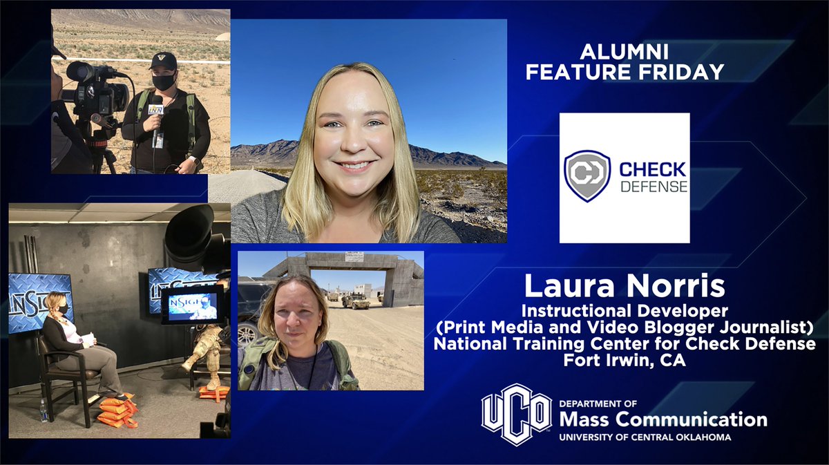 UCO_MCOM's tweet image. Welcome back to #AlumniFeatureFriday! Let's give it up for #UCOMCOM grad Laura Norris at @checkdefense in Fort Irwin, CA! Laura graduated from our Photographic Arts program a few years back, and has taken her Broncho knowledge all over the world. 

Grad, DM us to be featured!