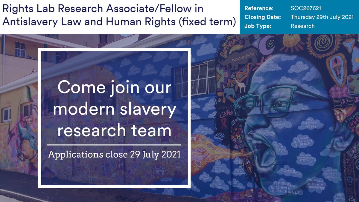 Closes July 29: join our amazing Law &amp; Policy team led by <a href="/KLMSchwarz/">Katarina Schwarz</a> to focus on research about legislation, policy, governance, human rights &amp; modern slavery/trafficking. Apply here: nottingham.ac.uk/jobs/currentva…