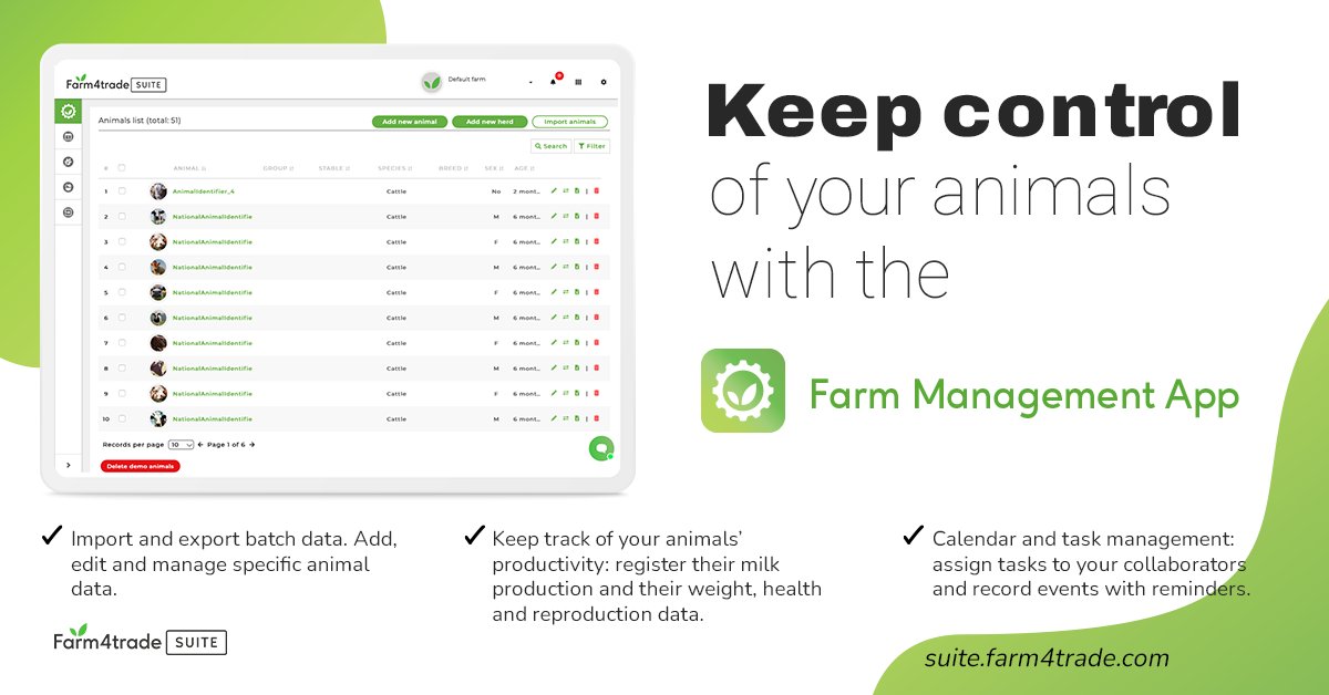 Farm4Trade's tweet photo. Our #FarmManagement App makes it easier to have everything under control! Use it to record animal data, to schedule activities and to assign them to your staff. 
Discover all the features here🌱 https://t.co/RdYHiFFFaV 
#Farm4Trade #Farm4TradeSuite #Livestock https://t.co/hyUBe452Zn