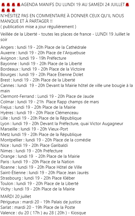 AnonymeCitoyen's tweet photo. 🔴 De nouvelles manifestations contre le #PassSanitaire devraient avoir lieu dès ce soir et toute la semaine en France. N'hésitez pas à vous rapprocher de vos groupes locaux pour que les informations circulent.

#StopPassSanitaire #manif19juillet https://t.co/HJgfdzobKz
