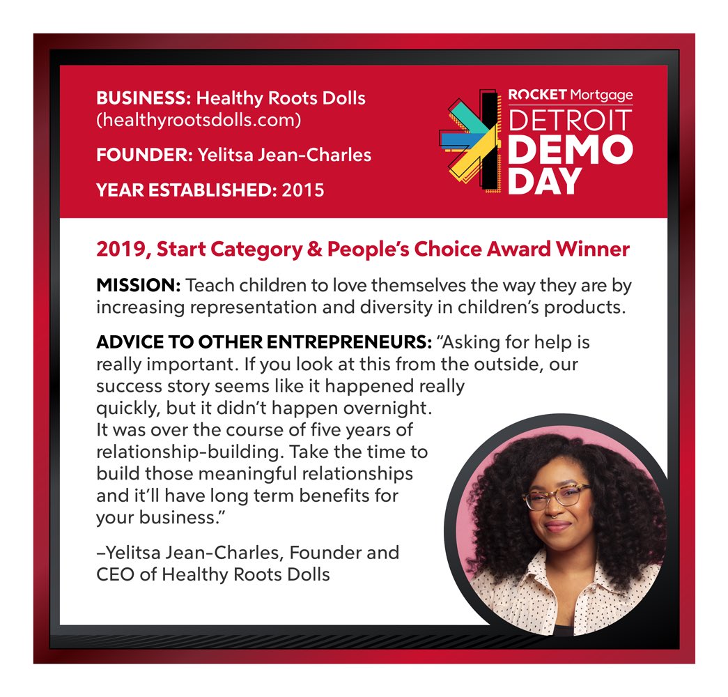 venture313's tweet photo. Founder and CEO of Healthy Roots Dolls Yelitsa Jean-Charles is a Detroit Demo Day alumna, winning the Start Category and a People's Choice Award in 2019. Where is she now? (hint: still crushing it)

#entrepreneurs #detroitdemoday

https://t.co/VCYccHdSdR https://t.co/Cwnm9PWTgZ
