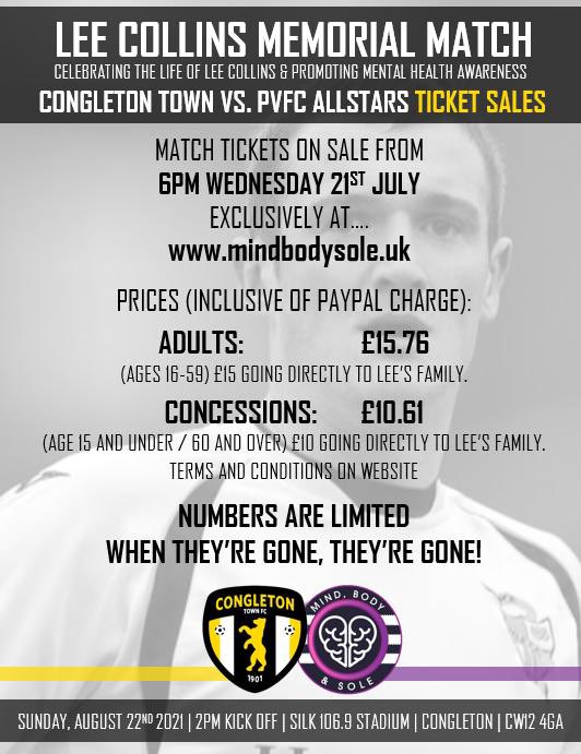 Tickets for the Lee Collins Memorial Match will be on sale exclusively at MindBodySole.uk on Wednesday 21st July at 18:00. 

<a href="/Sotlive/">StokeonTrentLive</a> <a href="/BBCRadioStoke/">BBC Stoke & Staffordshire</a> <a href="/sammorsy08/">Sam Morsy</a> <a href="/silk1069/">Cheshire's Silk 106.9</a>