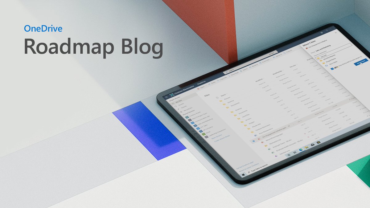 Text reads "OneDrive Roadmap Blog". Tablet on screen.