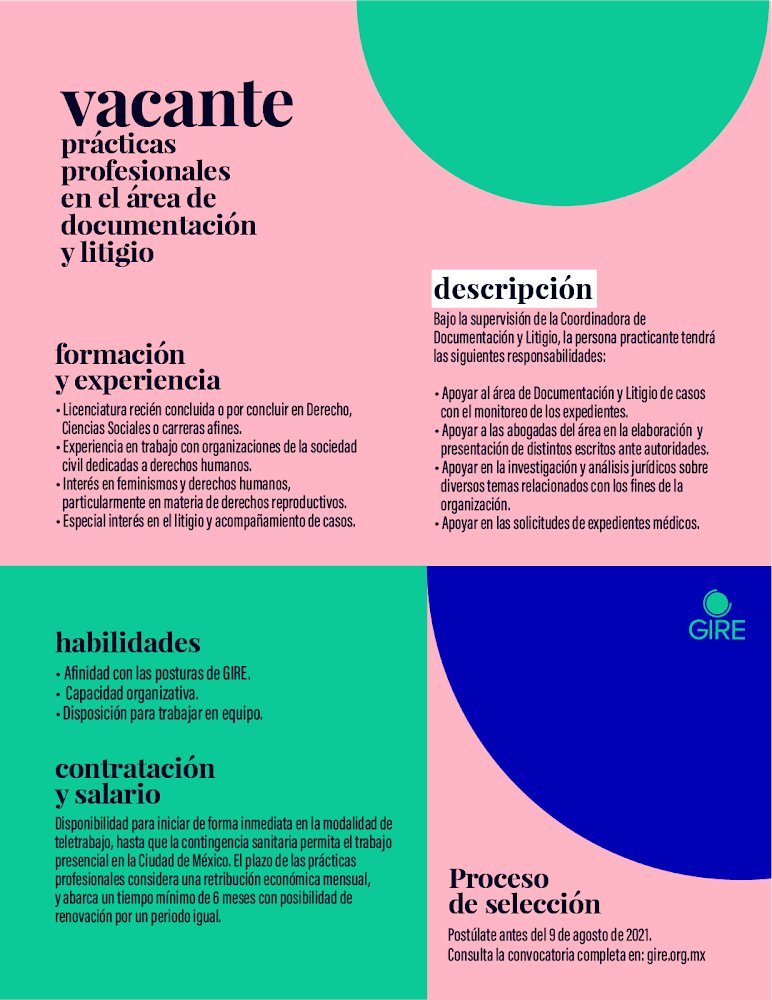 #VacantesGIRE
¿Quieres hacer prácticas profesionales en nuestra área de Documentación y Litigio de casos? 💪🏿💚
📆 El periodo de prácticas será de 6 meses.
¡Postúlate! 
👇🏿
bit.ly/3hPztVq
📌La convocatoria cierra el 9 de agosto, 2021