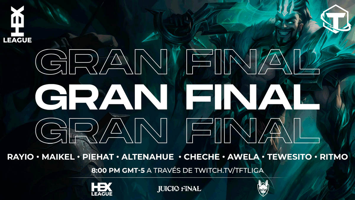 🏆GRAN FINAL🏆

¿Quién será el primer ganador de la @TFTHexLeague ?

No te pierdas el día de hoy a los mejores 8 jugadores de la contienda competir por el título de campeón 👑

🔴Transmisión
📺twitch.tv/TFTLiga
👔 <a href="/JimmyCrav/">Cesar Cravioto</a> 
👔 @noobviejardo 
👔 <a href="/drekthar29/">DrekThar</a> 
🎥 <a href="/TShieda/">The Shieda</a>