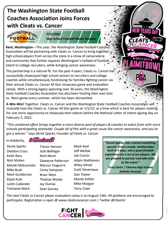 CleatsV's tweet photo. ATTENTION ALL WASHINGTON STATE FOOTBALL COACHES #WSFCA #COMMUNITYBALL #BETTERTOGETHER #BIGGERTHANFOOTBALL #COACHESAGAINSTCANCER #CLAIMIT https://t.co/TftrX9uo5b