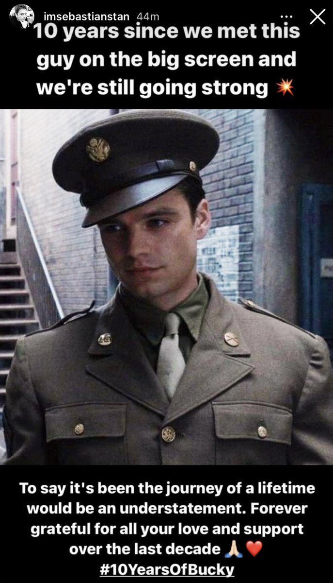 falconsoldierTV's tweet image. Sebastian Stan posted to his IG story celebrating the 10 year anniversary of the release of Captain America: The First Avenger and 10 years of Bucky Barnes in the MCU.  #10yearsofBucky