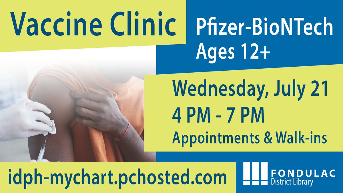 Protect yourself and get vaccinated! IDPH is hosting a vaccine clinic at the library this Wednesday, 4-7pm! Schedule your appointment now at idph-mychart.pchosted.com! (Walk-ins also welcome.) #FondulacLibrary #CovidVaccine