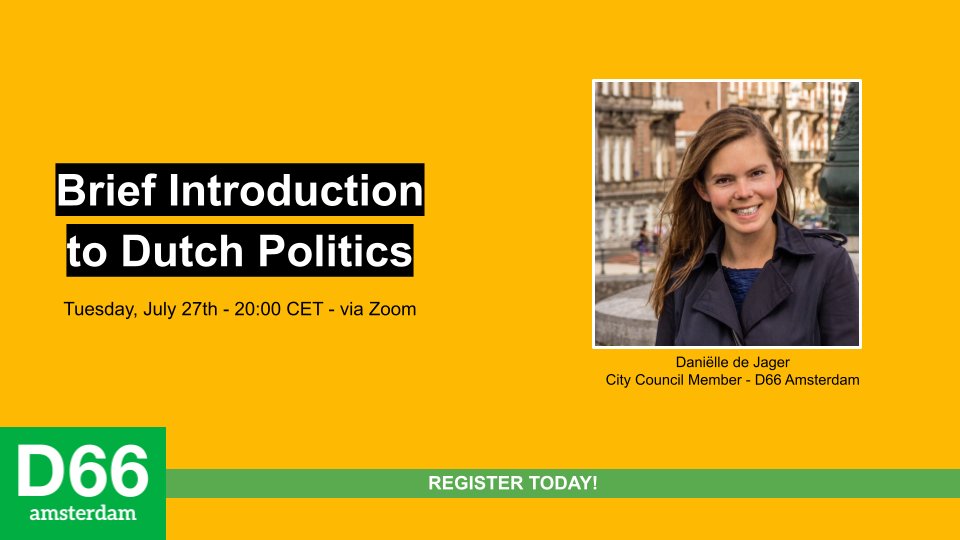 🤓 Learn about Dutch Politics and how it impacts your life as an non-Dutch national living in Amsterdam. Join D66 Amsterdam City Council Member Danielle de Jager <a href="/DOCdeJager/">Daniëlle de Jager</a> on July 27th @ 8PM CET with a live Q&amp;A and webinar: amsterdam.d66.nl/agenda/brief-i…