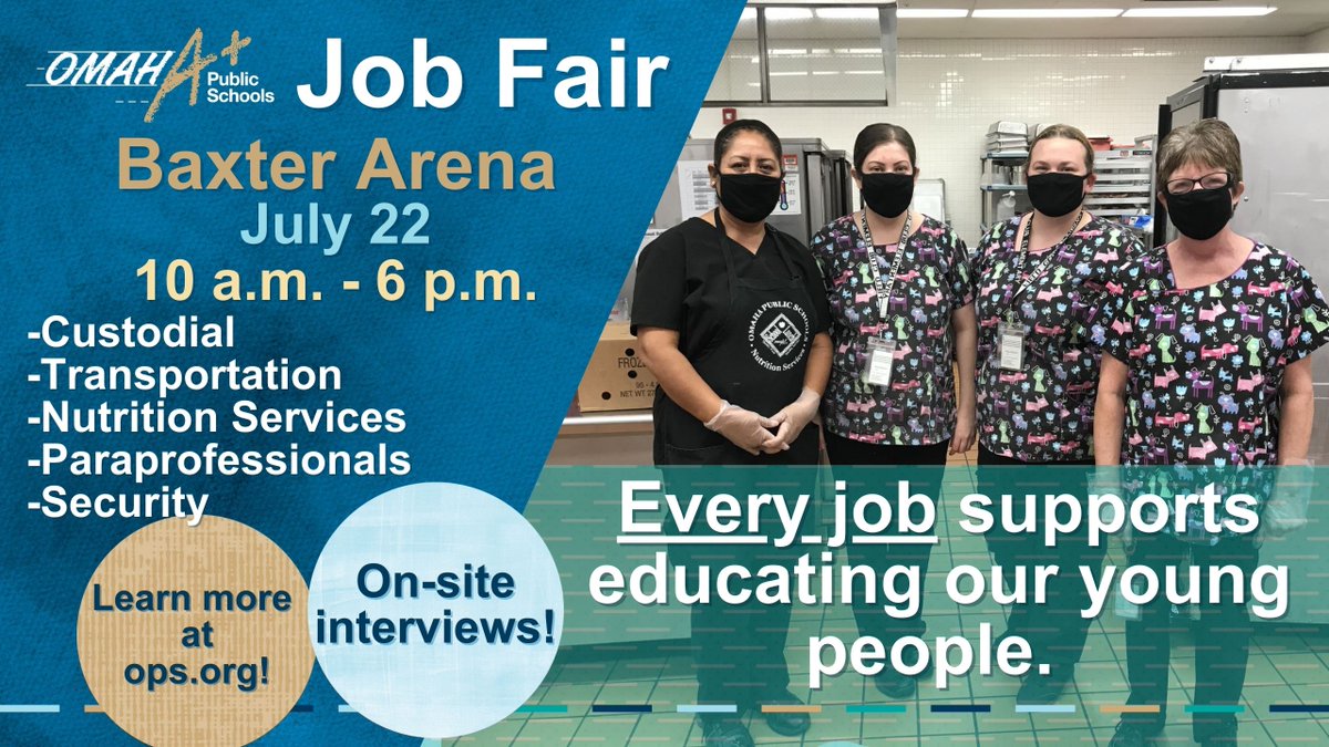 Be a part of our team preparing young people for success. Opportunities in custodial services, transportation, nutrition services, and more. Visit the Job Fair at <a href="/BaxterArena/">Baxter Arena</a> this Thursday, July 22 for on-site interviews and more! bit.ly/3iV35l0
