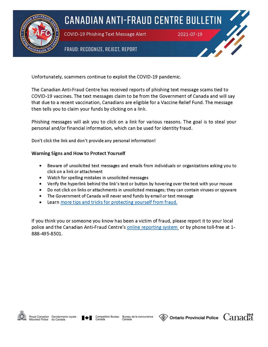 The Canadian Anti-Fraud Centre has received reports of phishing text message scams tied to COVID-19 vaccines. Don’t click the link and don’t provide any personal information! For more information, visit: antifraudcentre-centreantifraude.ca/scams-fraudes/… #kNOwfraud #showmetheFRAUD #BeScamSmart