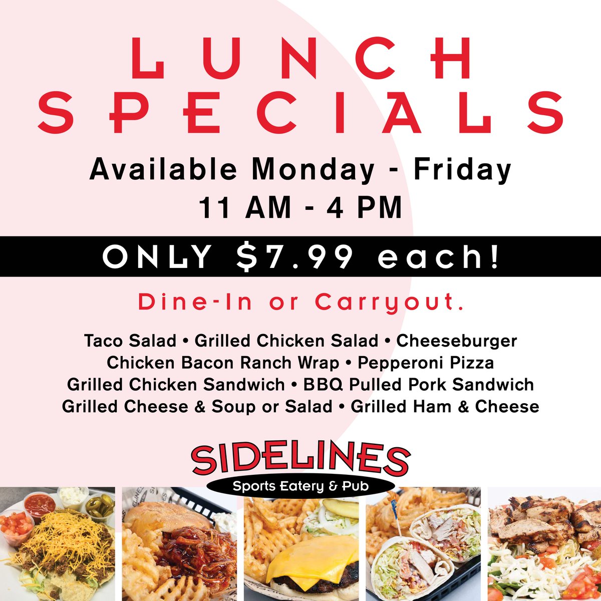 SidelinesToledo's tweet photo. Did you know our LUNCH Specials are for Dine-In AND Carryout?? AND they go until 4 pm?! 

Get away from the office and join us for lunch! 😀 
Too busy? Order carryout!! Either way we'll see you this week 😉

#SidelinesSportsEatery #SidelinesToledo #EatAtSidelines #LunchSpecials https://t.co/rkQWIboMZL