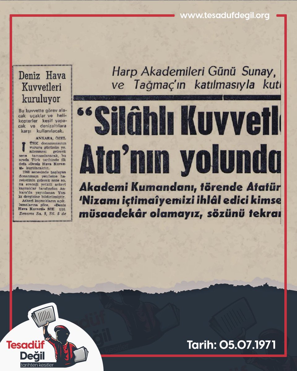 Yıl 1971 Deniz Hava Kuvveti Kurulmasına Karar Verildi. 

#1971 #TSK #SilahlıKuvvetler #DenizHavaKuvveti #DenizHavaAlayı