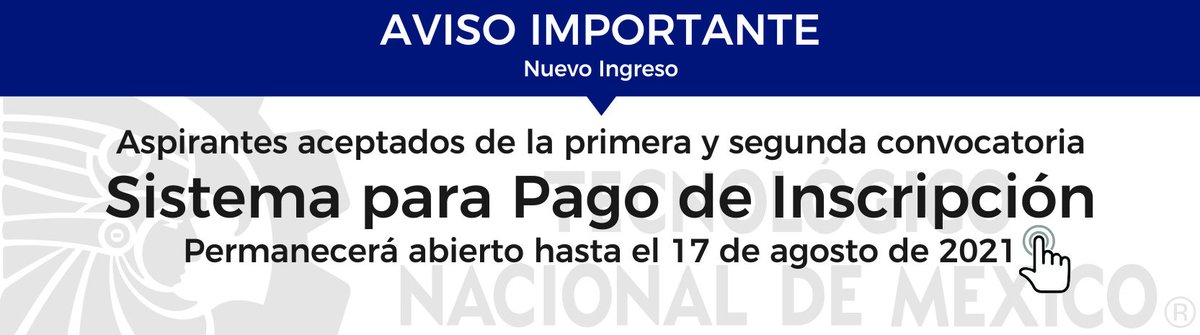 Atención aspirantes de nuevo ingreso aceptados de la primera y segunda convocatoria.
El Sistema de Pago de Inscripción permanecerá abierto hasta el 17 de agosto de 2021.
Más información:
bit.ly/370KXPL