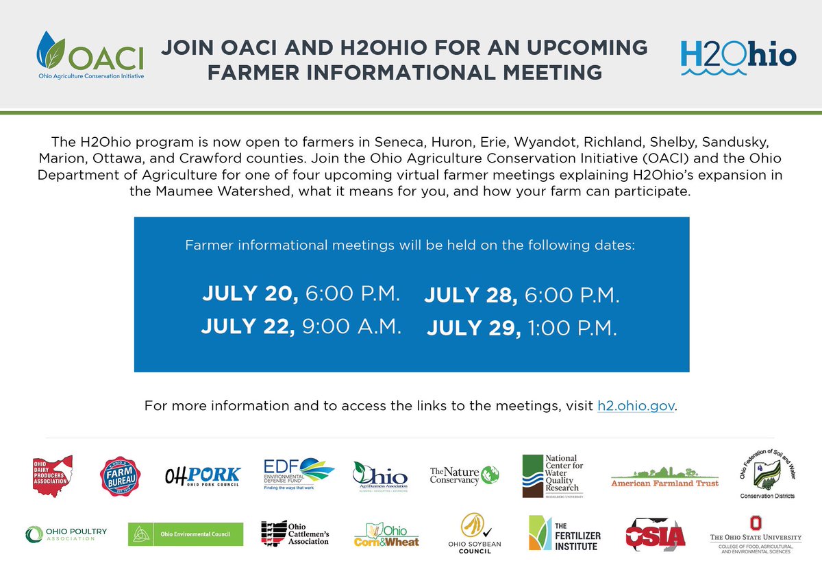 OACI &amp; Ohio Department of Agriculture will host four virtual meetings explaining H2Ohio’s expansion in the Maumee Watershed &amp; how agriculture &amp; conservation fit into the program’s goals &amp; priorities. 

Access full details &amp; meeting links at h2.ohio.gov.