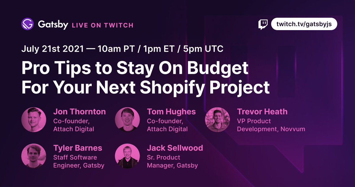How do busy agencies overcome the biggest challenges of building headless <a href="/Shopify/">Shopify</a> sites?

🗓️ Find out July 21st in a livestream hosted by @sellwood_jack and <a href="/tylbar/">Tyler Barnes</a> with <a href="/attachdigital/">Attach Digital | Headless Commerce Agency</a>'s <a href="/tomhughes_wd/">Tom Hughes</a> &amp; <a href="/jonthornton_15/">Jon Thornton</a> and <a href="/novvumio/">Novvum Software</a>'s <a href="/TheTrevorHeath/">Trevor Heath</a>.

🎥 twitch.tv/gatsbyjs