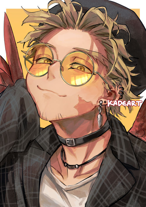 hawks (boku no hero academia) 1boy male focus blonde hair solo jewelry earrings facial hair  illustration images