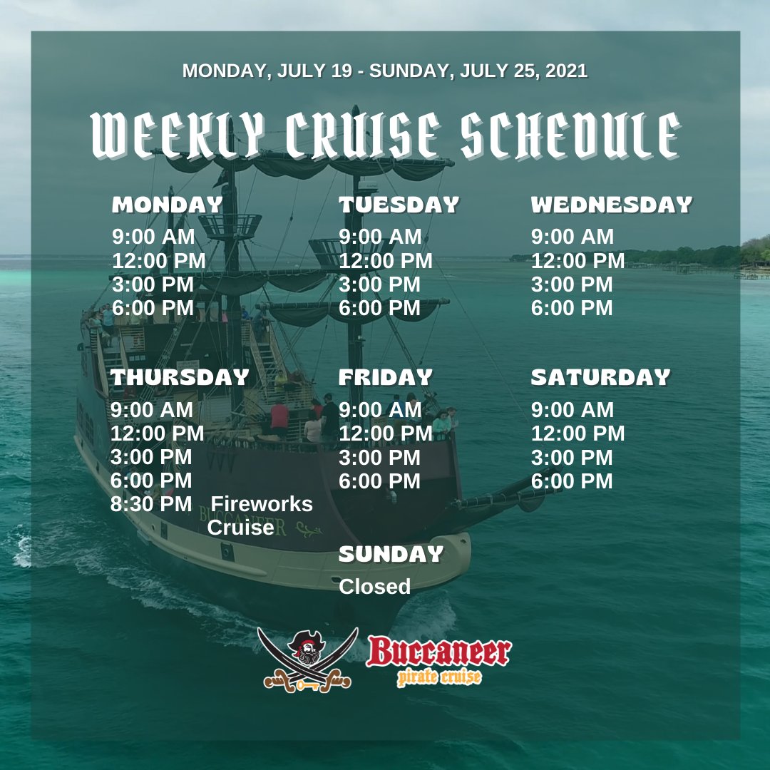 Yo Ho Ho!  In search of fun for this week?  Here's me pirate cruise line-up!  ⚔️ 🏴 ⚓. #APiratesLifeForMe #BuccaneerPirateCruise Book online at bit.ly/3n2BY7u!  

#DestinPirateShip #DestinPirateCruise #DestinFL #Destin #DestinFlorida #Florida #FamilyTravel #Familyvacay