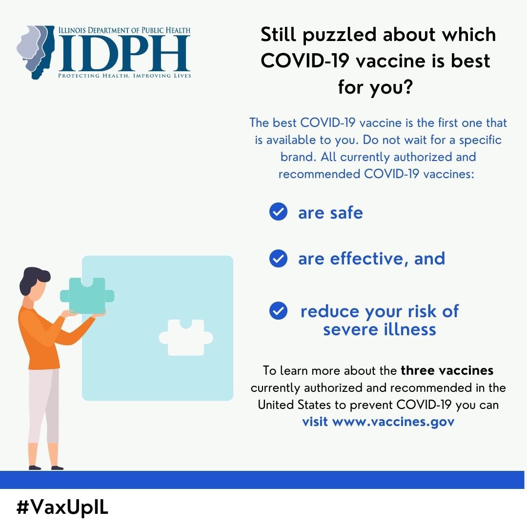 IDPH's tweet photo. COVID-19 vaccines are safe, effective, and prevent serve illness and hospitalization. Get vaccinated today at https://t.co/W6EKbGSrZA. https://t.co/fT9YrkGnmu