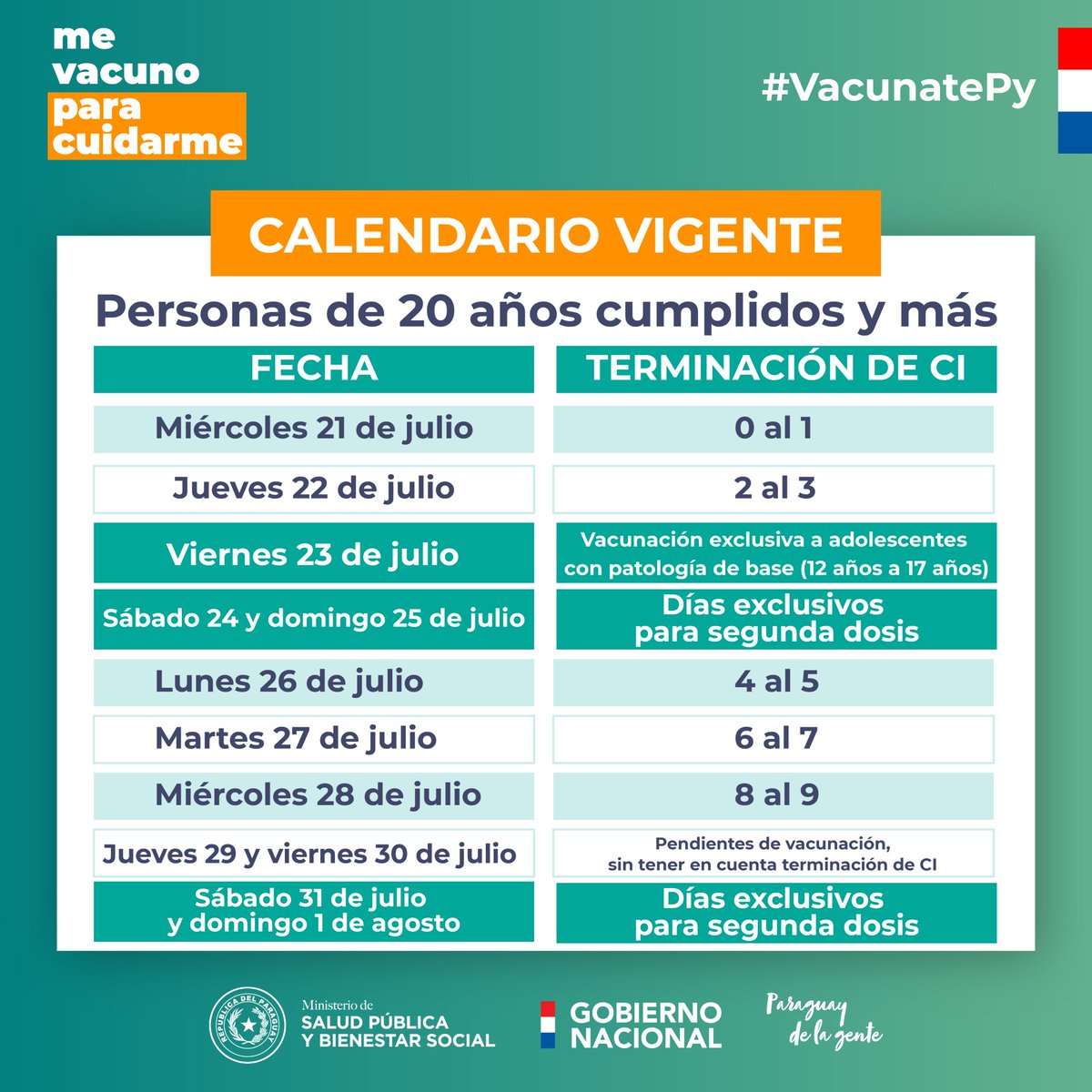 msaludpy's tweet photo. Vacunación anticovid llega a personas de 20 años cumplidos en adelante

✅ A partir del miércoles 21 de julio
✅ Según terminación de CI
✅ Previo registro en la página https://t.co/NLqTkYWSAG

➕ℹ️ https://t.co/Ny2xuzHBdX https://t.co/QRRKOh5bJf