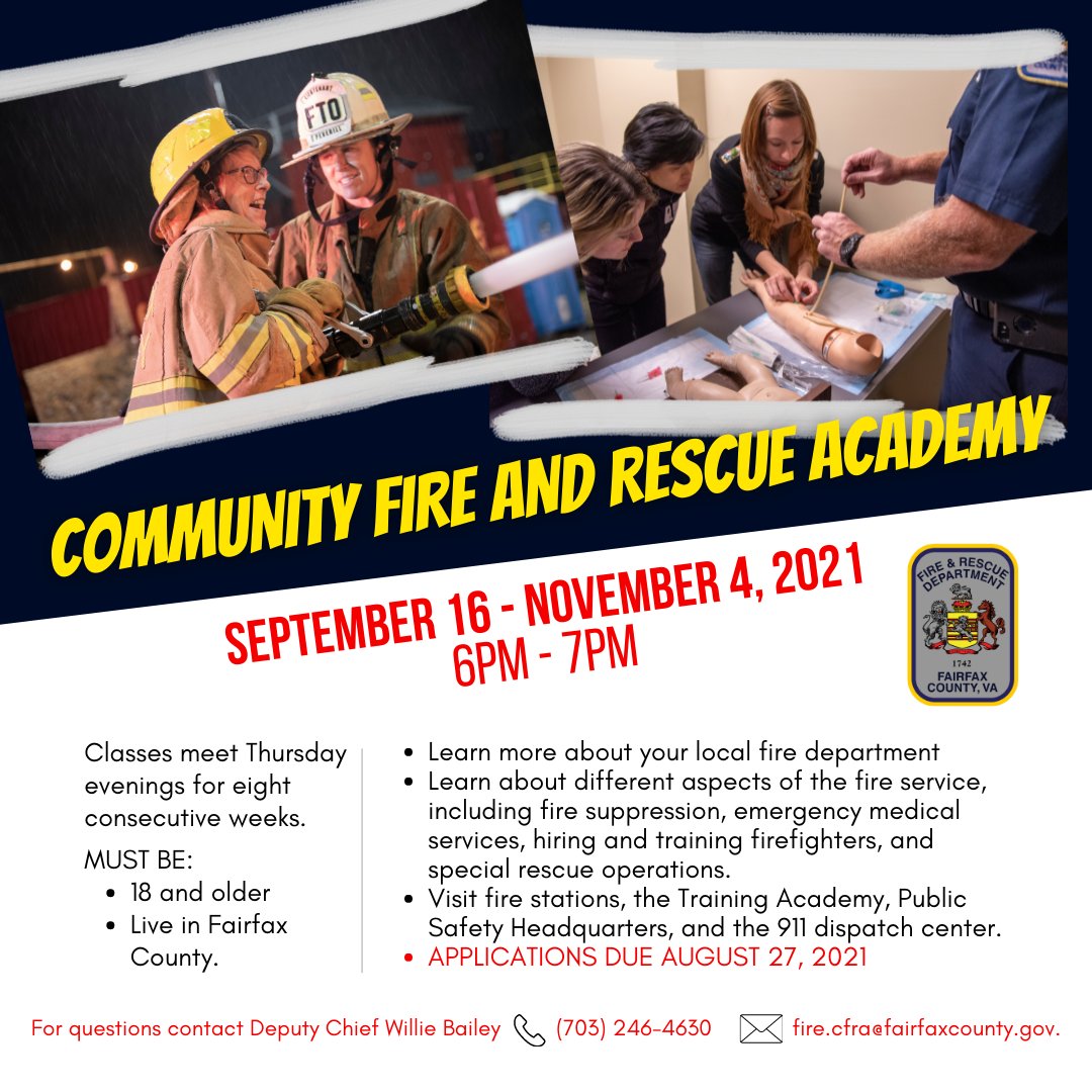 Do you want to participate in an interesting, fun-filled, eight-week program that will show you what our firefighters and paramedics do every day? 

Apply now for the <a href="/ffxfirerescue/">Fairfax County Fire/Rescue</a> Community Fire And Rescue Academy: bit.ly/3hReArt
