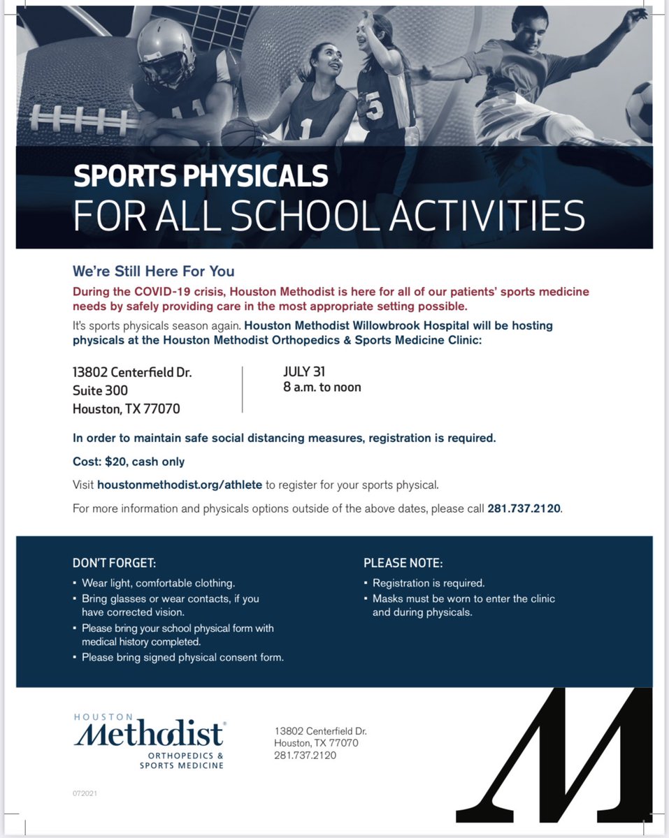 📣 Still need a physical for this school year?? We got you!! 🔹July 31🔹 at Houston Methodist Willowbrook! Check the flyer for details! 📣<a href="/CyCreekBooster/">CyCreekBooster</a> @BleylAthletics @CYCREEKFBALL17