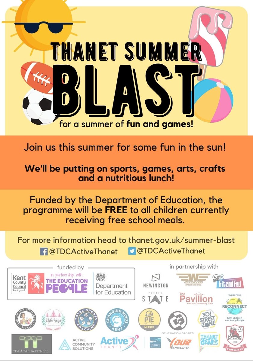 TDCActiveThanet's tweet photo. 😎 THANET SUMMER BLAST IS HERE 🏖️
Check out https://t.co/6dtQLzYdB5 for full details. We look forward to having some fun in the sun ☀️
#HAF2021 #Thanet https://t.co/TcBCJhjVIP