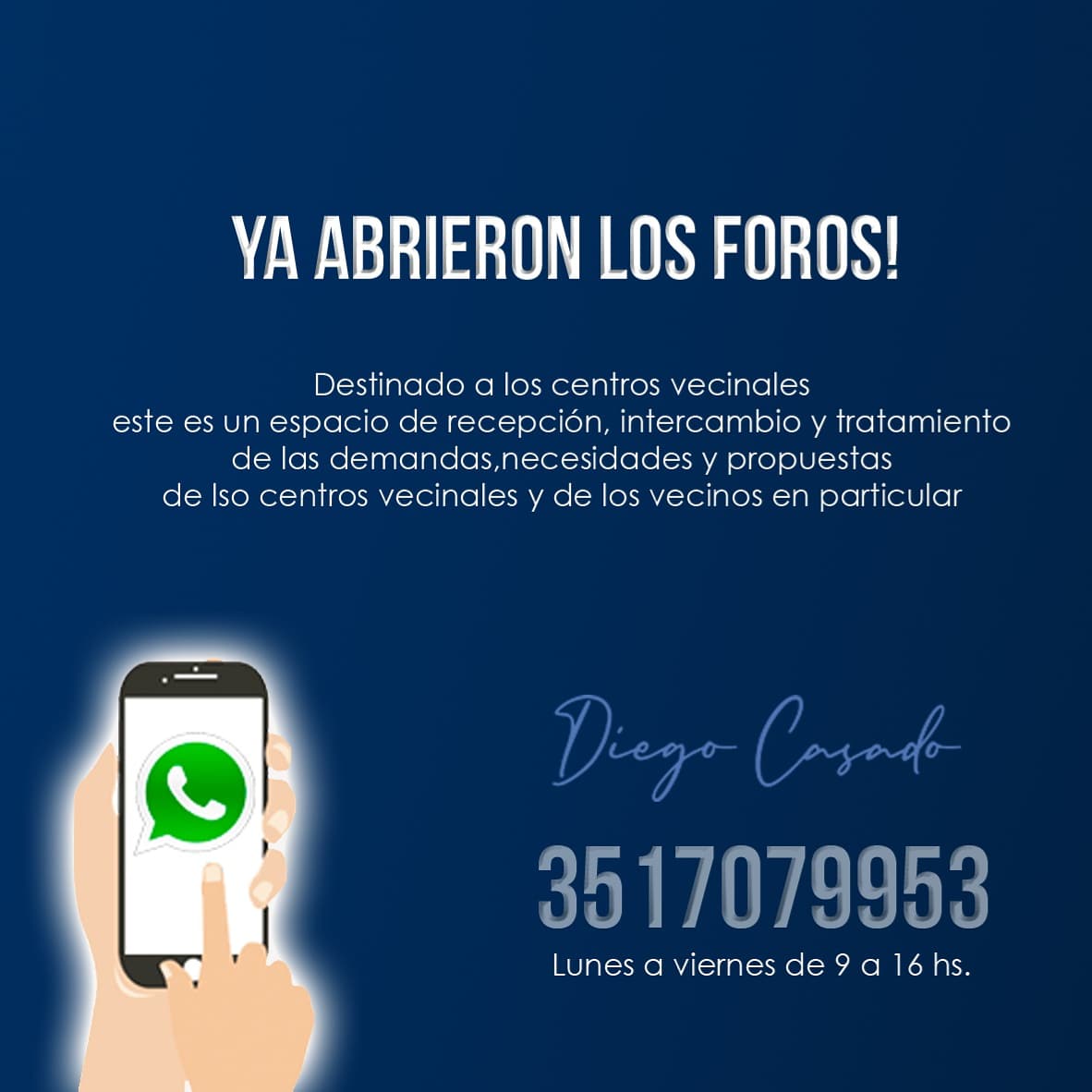 Diegocasado_ok's tweet photo. ¡Sumate a los Foros!
#ForoVecinal
¿A quien esta destinado? A todos los centros vecinales y vecinos en particular de la #CiudaddeCordoba
¿Cuáles son los objetivos?
Será un punto de encuentro, espacio de recepción, intercambio y tratamiento de demandas y propuestas de los CV https://t.co/QrNDnI8gvM