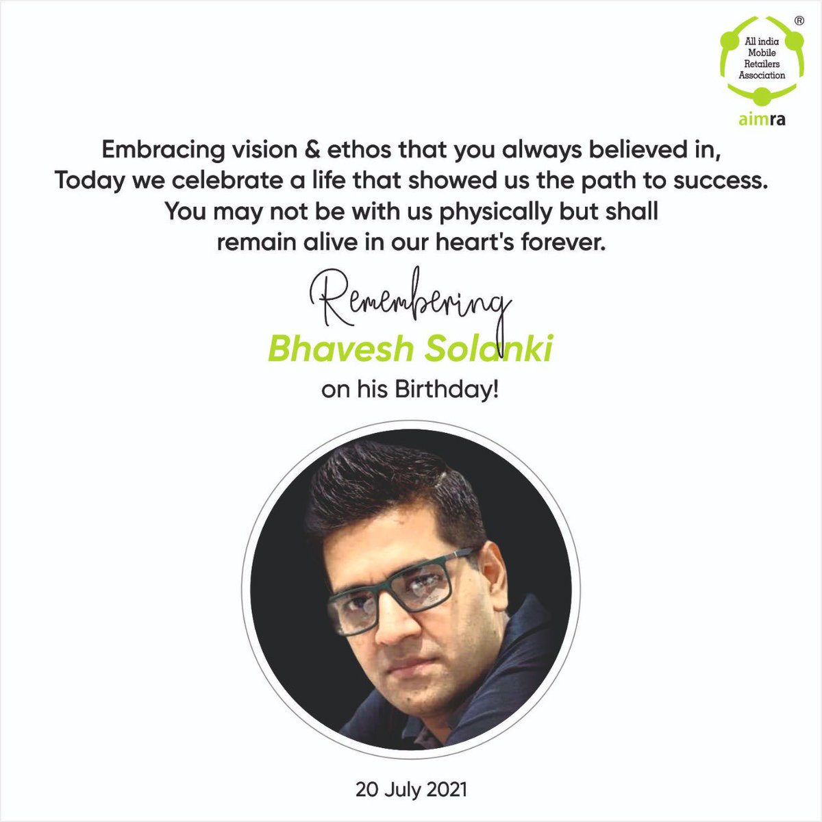 AimraIndia's tweet photo. Your life inspires us to walk the extra mile! - Remembering a gem - Bhavesh Solanki on his birthday.

#HappyBirthday #AIMRA #inremembrance https://t.co/UVV2y9LO0y
