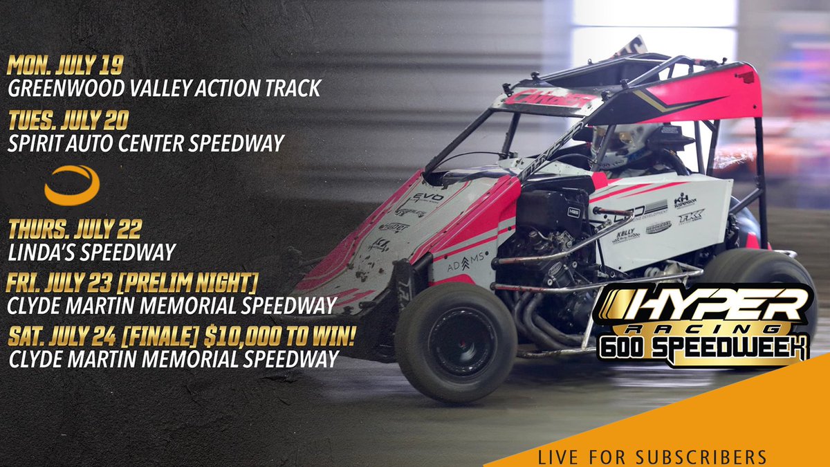 WatchTheCushion's tweet photo. Tonight kicks off @HyperRacing44 600 Speedweek and we’ll have 5 of the 6 nights Live on https://t.co/6iH344qW0r

Night 1: Greenwood Valley Action Track #GVAT
#HyperRacing600Speedweek

All 5 nights included in your monthly subscription… all leading up to the $10,000 to win finale https://t.co/E3EPgSjV46