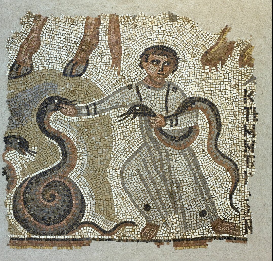 Fragment incomplet et restauré d'un thème biblique en mosaïque, visible au @MuseeLouvre (# catalogue : Ma 5094)
'Le nourrisson s’amusera sur le nid du cobra ; sur le trou de la vipère, l’enfant étendra la main.' #MosaicMonday #AntiquiteTardive