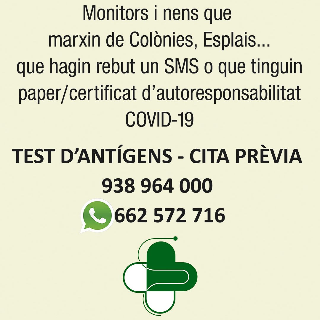 LloretPlancha's tweet photo. Monitors i nens que marxin de colònies, esplais...
#testantigens @citaprevia #farmacialloretplancha https://t.co/4mfueQpwjc