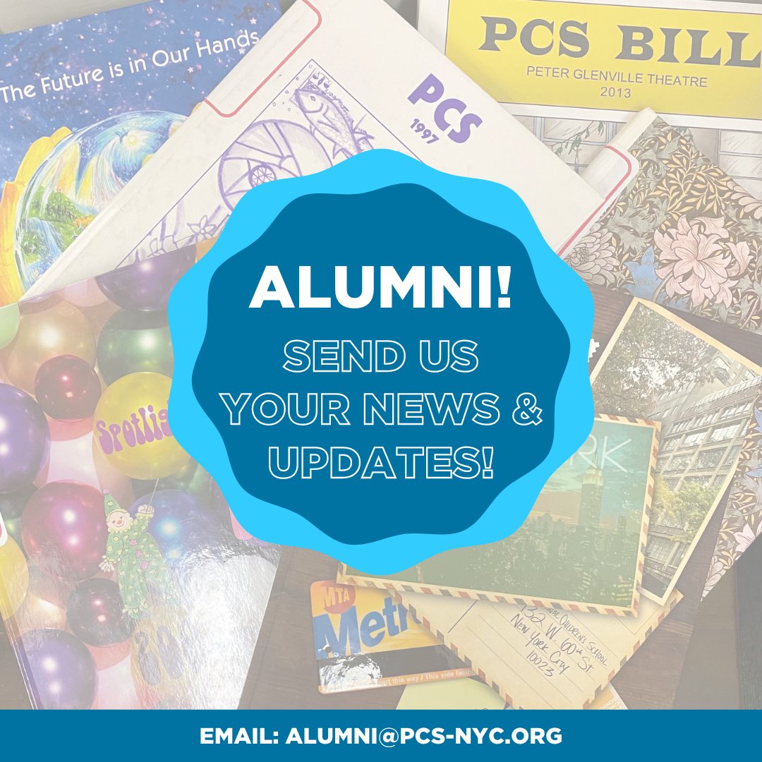 PCS_alumni's tweet photo. Calling all PCS Alumni! Send us your news and updates for our next Alumni Newsletter.

Email alumni@pcs-nyc.org to be featured in the August mailing! https://t.co/18aT8gbKL5