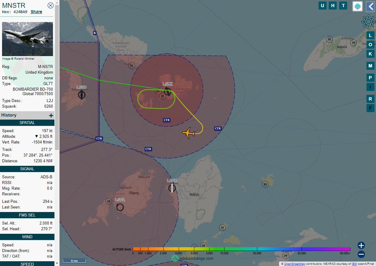Radar_Assistant's tweet image. MULTI ADSBX MANOEUVRING ALERT : At time Mon Jul 19 19:51:05 2021 #MNSTR    was likely to be manoeuvring at FL90 6nm from MKN Mikonos_VOR-DME_GR
 near Περιφερειακή Ενότητα Μυκόνου, Περιφέρεια Νοτίου Αι #AvGeek #ADSB globe.adsbexchange.com/?icao=424BA9&amp;amp;z…