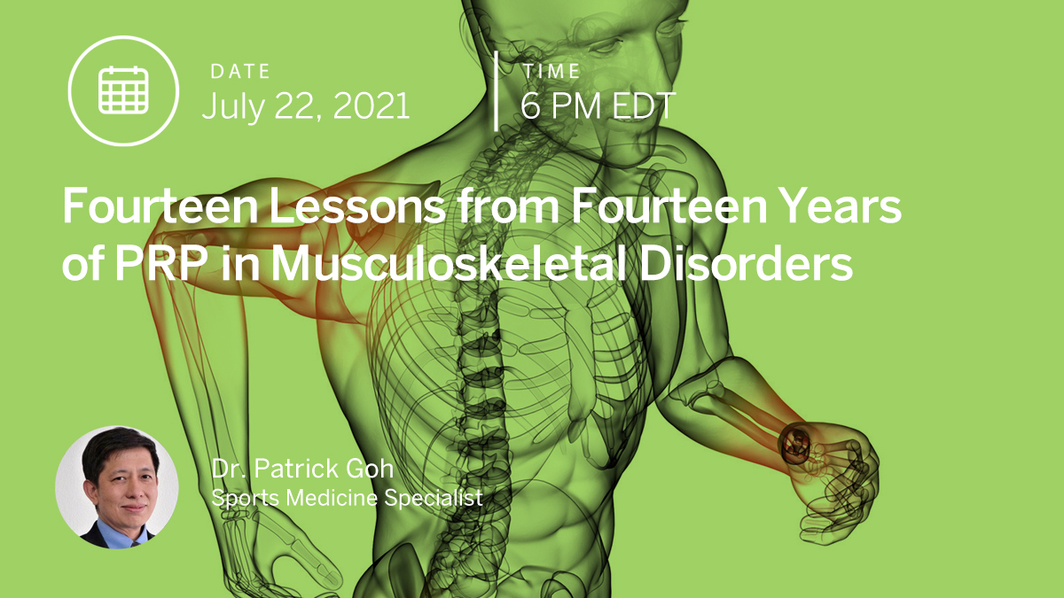 BioBridgeFDN's tweet image. Dr Patrick Goh presents &quot;Fourteen Lessons from Fourteen Years of PRP in Musculoskeletal Disorders&quot; for our next Biobridge USA Summer Web Talk. Dr Goh presents clinical insights for a fascinating look at trends in #regenerativemedicine. Sign up here: bit.ly/2VQ1KlY