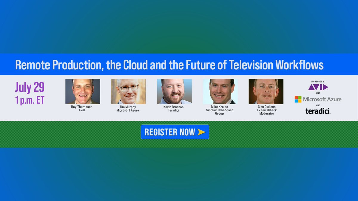 TVNewsCheck's tweet photo. What does the future look like for #remote work, hybrid and #cloud #workflows and #facilitiesdesign in #broadcasting? Find out from the experts at @WeAreSinclair , @Microsoft , @Avid and @Teradici . Attend this 7/29 @TVNewsCheck webinar: https://t.co/MigwN6VTAO. #TVNewsCheck https://t.co/9cvEHQYfVe