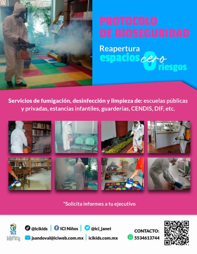 ici_janet's tweet photo. ¡PREPÁRATE PARA REGRESO A CLASES!
En #ICINiños te presentamos nuestro producto de #ProtocoloDeBioseguridad, para el regreso a clases, bibliotecas, archivos, museos etc.
Contamos con fumigación, desinfección y limpieza.
Para mayor información
jsandoval@iciweb.com.mx https://t.co/0CXQVVdw1n