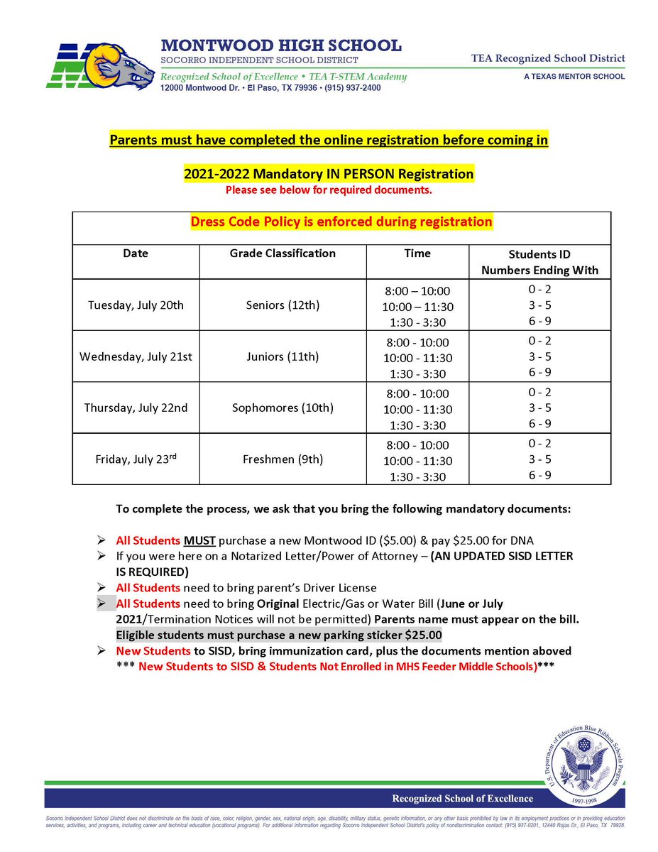 Mandatory In Person Registration begins tomorrow please look at your assigned date and times #TeamSISD #WebeforeME #Earnyourhorns