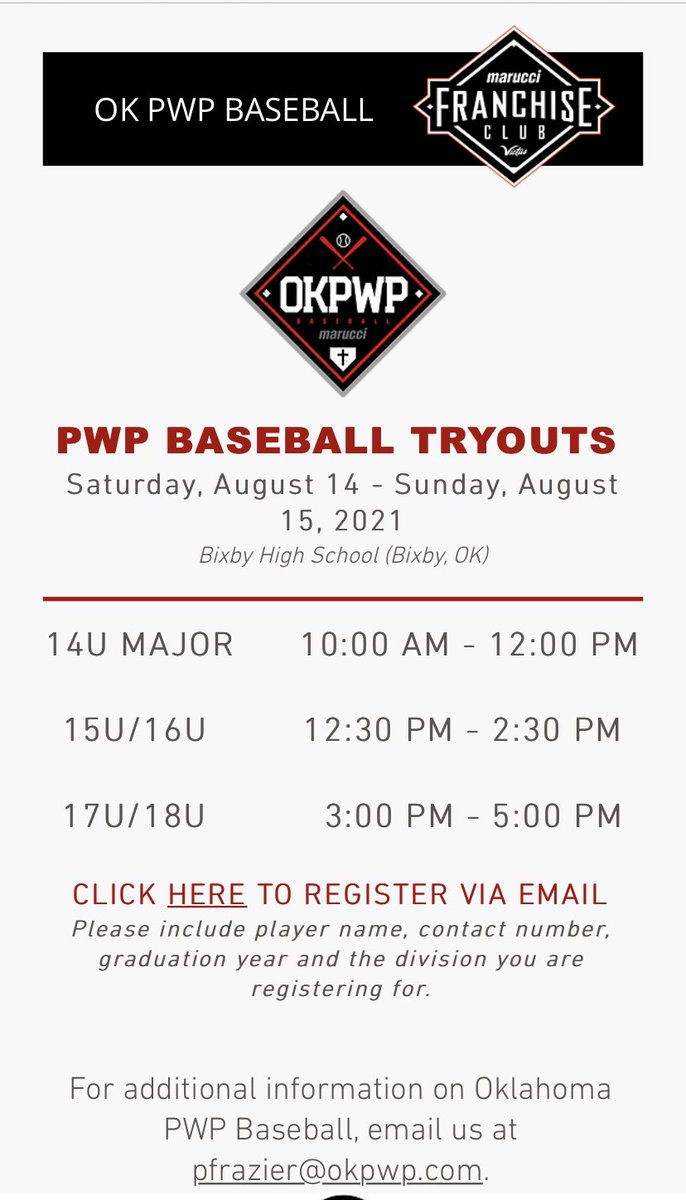 🚨🚨 ** Attention**🚨🚨

- click the link below to register- 

Marucci Midwest PWP 2022 Tryouts!!!

okpwp.com/baseball