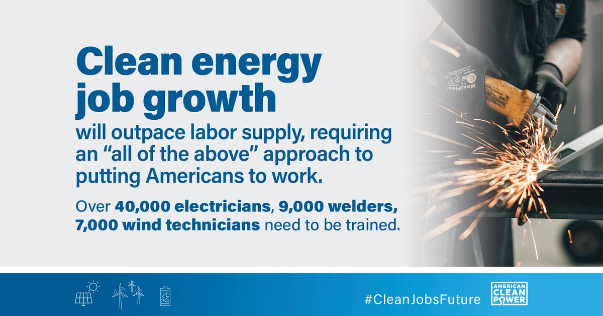 USCleanPower's tweet photo. We need an all-hands-on-deck approach to expand the #CleanEnergy talent pipeline. Our recent report with BW Research found that over 40K electricians & 7K wind techs need to be trained to meet the pace of rapid renewables deployment.
#CleanJobsFuture ➡ https://t.co/yB2pZ3qMn2 https://t.co/OvG4YD6F6V