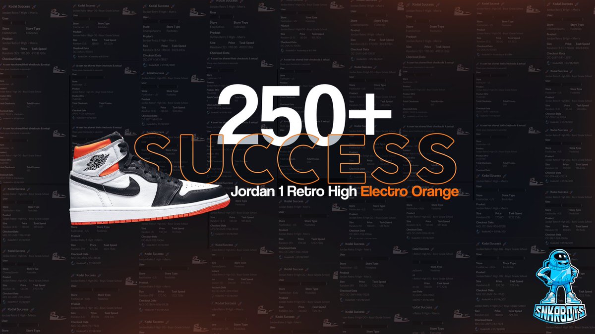 snkrbots_'s tweet photo. Jordan 1 Retro Electro Orange Success 🥳 https://t.co/IfN4mmmH5X