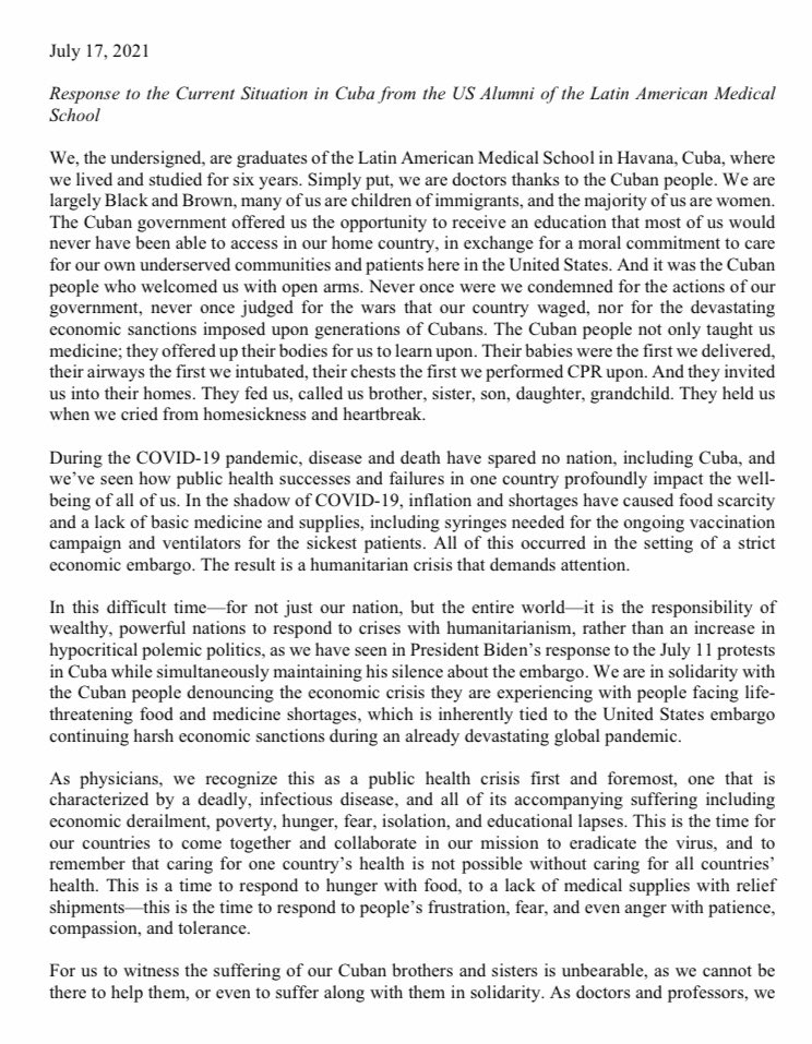 EUsalumni's tweet photo. Weโve gotten more signatures from our US ELAM Alumni. Please read our response to the situation in Cuba #WithCuba https://t.co/x2rKhjylCR